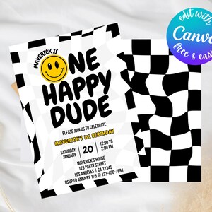 One Happy Dude Geburtstagseinladung - Bearbeitbare Canva-Vorlage - Jungen zum 1. Geburtstag einladen - Karierte Party - Smiley-Gesicht - Sofort-Download