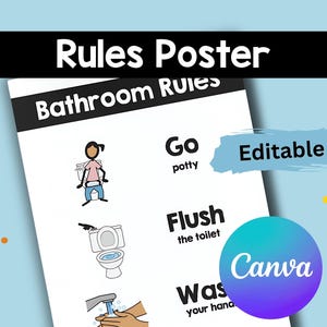 May include: A white poster with black text that reads "Rules Poster" and "Bathroom Rules." The poster includes illustrations and instructions: "Go potty," "Flush the toilet," and "Wash your hands." The word "Editable" is written on the poster.