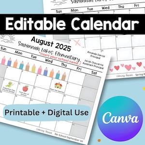 Editable Classroom Calendar Template | Monthly Parent Communication Tool | Teacher Canva Template | School Year