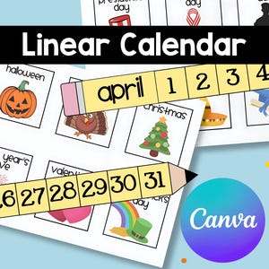 Puede incluir: Un diseño de calendario lineal con el texto "Linear Calendar". El calendario presenta ilustraciones de festividades como Halloween, Navidad y Nochevieja. La palabra "abril" es visible, junto con los números del 1 al 31.