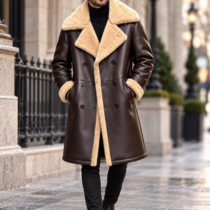Dark Brown Double-Breasted Long Coat with Beige Collar, Classic Button Front and Elegant Winter Style