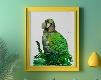 Kakapo Aquarell Kunst Digital Download | Neuseeland-Griffelpapagei