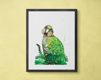 Kakapo Aquarell Kunstdruck | Neuseeland-Griffelpapagei