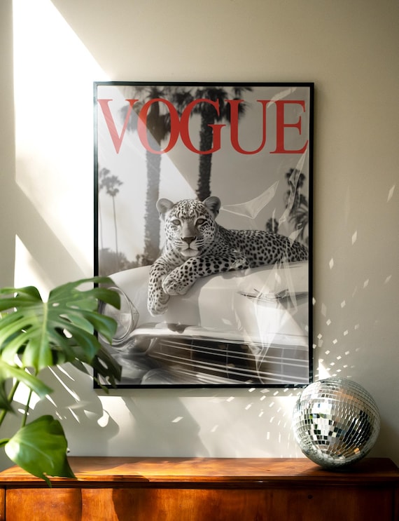 Leopard Vogue Wall Art, Black and White Retro Car Poster, Fashion Magazine Style Printable, Glam Animal Photography Digital Download