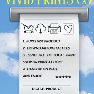 May include: A receipt-style graphic with the text "VIVID PRINTS CO" in yellow. The receipt details the steps to purchase and enjoy a digital product, including downloading files and printing. The background is a blue sky with clouds.