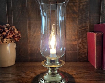 Vintage Stiffel Solid Brass Candlestick Hurricane Lamp With Clear Glass Shade, Heritage Farmhouse Accent Lighting