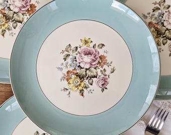Vintage Floral Dinner Plates | Set of 4 | Cunningham & Pickett Danube | Grandmillennial Decor | Blue Rimmed Dishes | Alliance Ohio Pottery