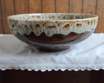 Vintage Canonsburg Carefree Ironstone Serving Bowl | Brown Drip Glaze Pottery 9.25" | Mid Century Rustic Kitchen Decor | 1970s Salad Bowl