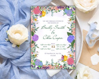 Wildflower Whimsical Wedding Invitation, Colorful Wedding invite, Boho Floral Printable Template (Instant Download 5x7)
