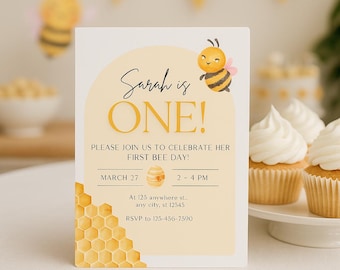 First Bee-Day Birthday Invitation Template, 1st Birthday Canva Invite, Editable Bee Party Invite, Digital Download, Printable Bee Theme
