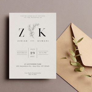 May include: A wedding invitation with the names ZINIAH and KUMANI, date July 29, 2027, and time 4 PM. The invitation is on a textured off-white paper with a floral design and a brown envelope with greenery.