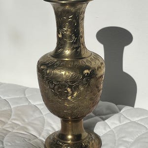 Vintage Etched Floral Design Brass Vase