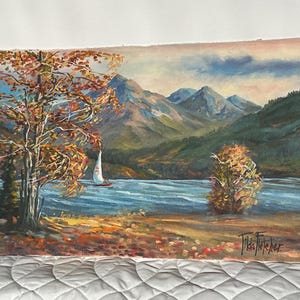 Original Artist Signed Autumn Lake Sailboat painting