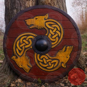 Handmade Viking Bear Shield 22&quot;, Norse Wooden Shield Decor, Celtic Knot Warrior Shield, Rustic Wood Art, Viking Gift, LARP, Cosplay Prop