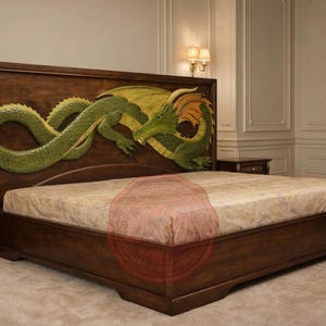 Op de afbeelding: Een donkerbruin houten bedframe met een hoofdbord met een gebeeldhouwde groene en gele draak. Het bed heeft een matras met patroon en een bijpassend nachtkastje. De kamer heeft een neutraal kleurenpalet.