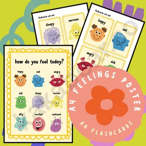 Feelings Poster & Flashcards for Kids | Printable Emotion Chart A4 PDF with A6 Flashcards Cut Out | Calm Down Corner Decor