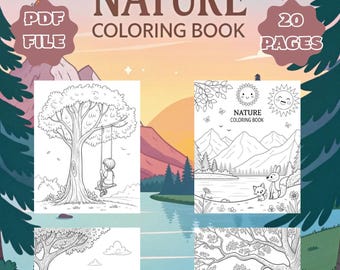 May include: A nature-themed coloring book with the title "NATURE COLORING BOOK" in large letters. The cover features illustrations of outdoor scenes, including a child on a swing, a picnic, and a bench. The book is labeled as a PDF file with 20 pages.