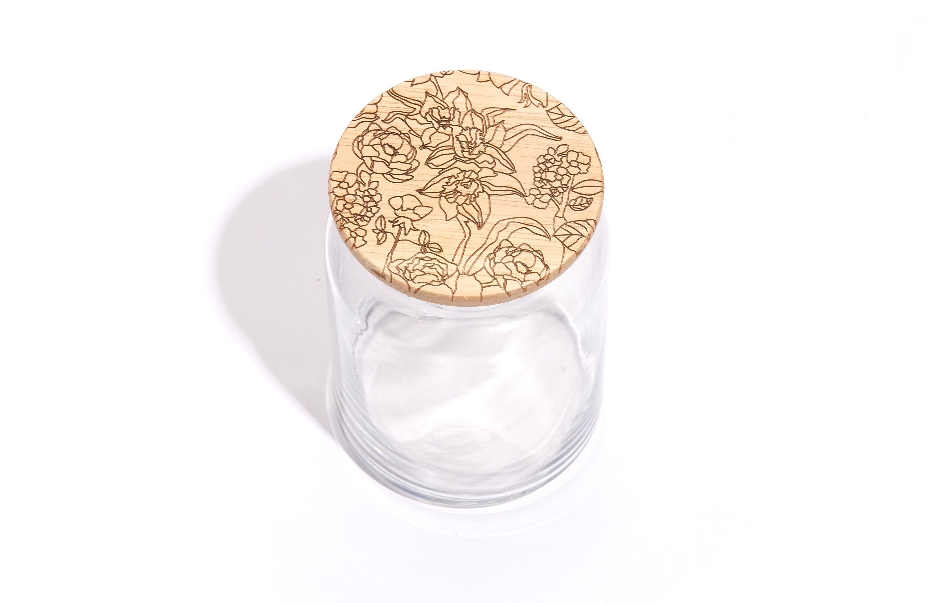 Champ Fleuri/Bocal en Verre Couvercle Bois