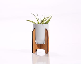 Minimalist Medium Planter / Ceramic + Wood Modern Plant Stand