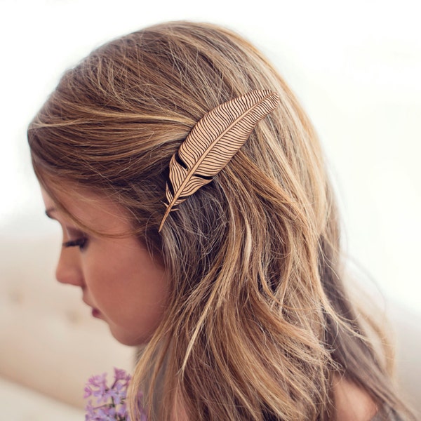 Wood Feather Hair Clip