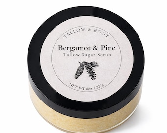 Bergamot & Pine Sugar Scrub - Woodsy Citrus Exfoliator - Natural Tallow Body Polish - Tallow and Root Earthy Skincare