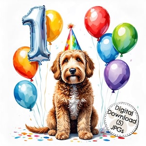 Pacchetto di clipart digitali per il primo compleanno di Goldendoodle, 5 JPG di alta qualità. Lavoretti, diario creativo, immagini di cani, doodle art.
