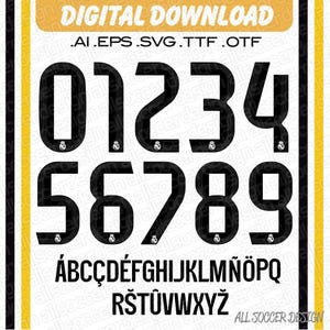 May include: Digital download featuring a black font set with numbers 0-9 and the alphabet. The font includes a small emblem at the base of each character. The words "DIGITAL DOWNLOAD" are at the top.