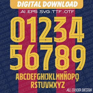 May include: Digital download featuring a soccer-themed font set. The design includes yellow numbers 0-9 and the alphabet, with a unique track-like detail. The text "DIGITAL DOWNLOAD" is at the top, with file type extensions listed below.