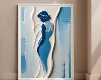 Porcelain Silhouette Wall Art Printable Wall Art Blue, Textured Painting for Bedroom, Minimalist Home Decor, Anniversary or Wedding Gift
