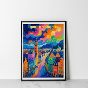 Munich Marienplatz Cityscape Print Travel Posters Wall Art Germany Paintings Travel Printable Art City Landscape Colorful Home Decor