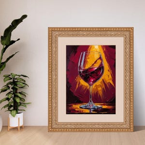 バーガンディワイングラスのウォールアートプリント、ゴールドとマホガニーの色合いの油絵、バーカートまたはキッチンの装飾、デジタルアートギフト、リビングルームアート