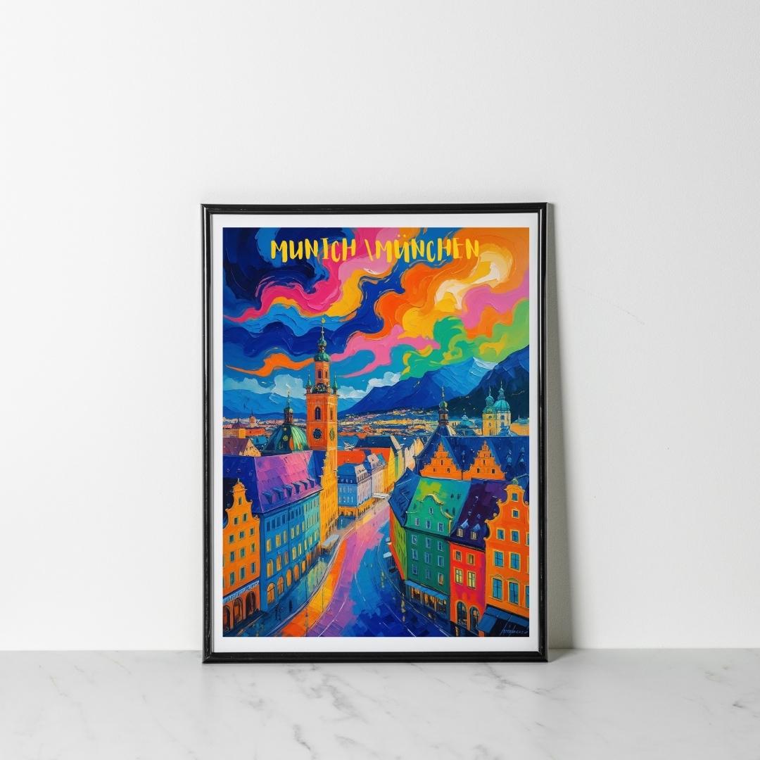 Munich Marienplatz Cityscape Print Travel Posters Wall Art Germany Paintings Travel Printable Art City Landscape Colorful Home Decor
