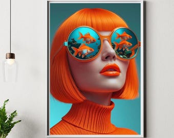 Surreal Goldfish Glasses Woman Art Print, Vibrant Pop Art Portrait, Whimsical Fashion Wall Decor,  Printable Wall Art, Gift for Her