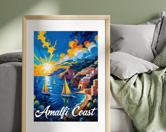 Amalfi Coast Wall Art Print, Expressionist Italy Painting, Coastal Landscape Printable, Mediterranean Travel Decor, Europe Travel art