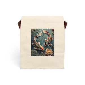 Canvas Lunch Bag, Koi Fish Design, Reusable Lunch Tote, Insulated Lunch Sack, Eco-Friendly Lunch Pouch, Japanese Style Lunch Carrier