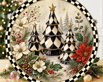 Black & White Harlequin Trees Wreath Sign: Round Metal Sign For Wreaths, Christmas Winter Decor Gift