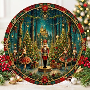 May include: A circular decorative plate featuring a festive Christmas scene with a central nutcracker, two ballet dancers, and two smaller nutcrackers standing among decorated pine trees and wrapped gifts, all framed by a red and green plaid border.