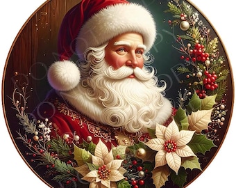 Santa Vintage Look Wreath Sign, Round Metal Sign For Wreaths, Wreath Attachment, Christmas Holiday Winter Wreath Sign