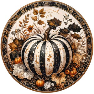 Black & White Pumpkin Fall Wreath Sign, Round Metal Sign For Wreaths, Wreath Attachment, Fall Pumpkin Wreath Sign