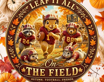 May include: A circular sign featuring a squirrel, raccoon, bear, hedgehog, and rabbit wearing football uniforms on a field. The text reads LEAF IT ALL ON THE FIELD and AUTUMN. FOOTBALL. FRIENDS. The design is framed by a brown border with gold leaf accents.