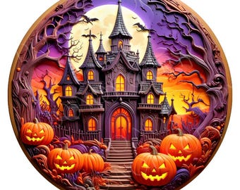 Może przedstawiać: Okrągłe dzieło sztuki o tematyce Halloween, przedstawiające nawiedzony zamek z podświetlonymi oknami, dyniami i nagimi drzewami. Pełnia księżyca i zachód słońca tworzą tło. Praca jest oprawiona.