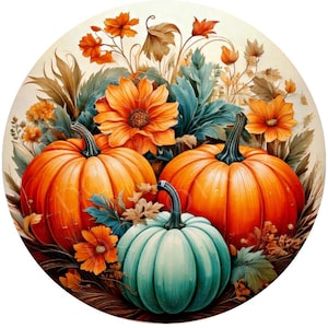 Orange & Teal Pumpkins Wreath Sign, Round Metal Sign For Wreaths, Wreath Attachment, Fall Autumn Pumpkin Wreath Sign