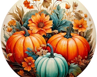 Orange & Teal Pumpkins Wreath Sign, Round Metal Sign For Wreaths, Wreath Attachment, Fall Autumn Pumpkin Wreath Sign