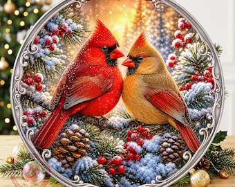 Winter Cardinals Wreath Sign: Round Metal Sign For Wreaths, Christmas Decor Gift