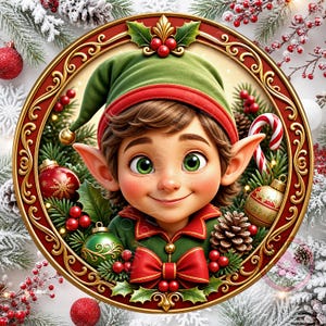 May include: A circular decorative frame featuring a smiling elf with green eyes and a green hat. The frame is adorned with red and gold scrollwork, pine branches, red berries, pinecones, a candy cane, and red and gold Christmas ornaments.