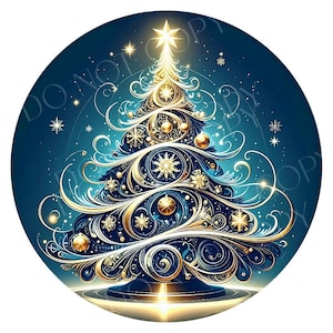 Blue & Gold Whimsical Tree Wreath Sign, Round Metal Sign For Wreaths, Wreath Attachment, Christmas Holiday Winter Wreath Sign