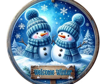 Welcome Winter Snowman Wreath Sign, Round Metal Sign For Wreaths, Wreath Attachment, Christmas Holiday Winter Wreath Sign