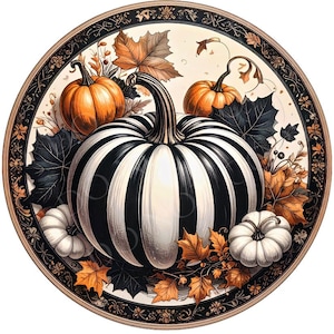 Black White Pumpkin Fall Wreath Sign, Round Metal Sign For Wreaths, Wreath Attachment, Fall Modern Pumpkin Wreath Sign
