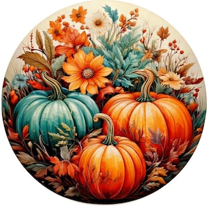 Orange & Teal Pumpkins Wreath Sign, Round Metal Sign For Wreaths, Wreath Attachment, Fall Autumn Pumpkin Wreath Sign
