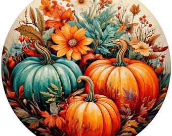 Orange & Teal Pumpkins Wreath Sign, Round Metal Sign For Wreaths, Wreath Attachment, Fall Autumn Pumpkin Wreath Sign